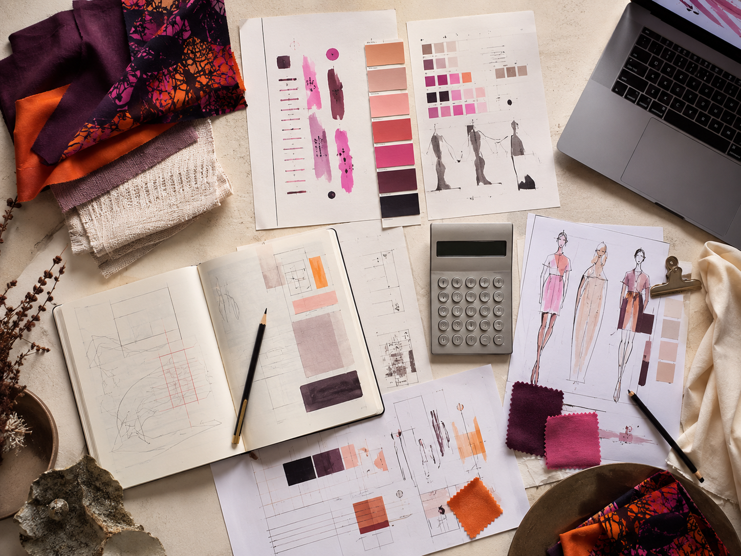 Fashion strategy desk with range plans, fabric and commercial tools